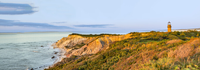 Gay Head Lighthouse and Gay Head cliffs of clay at the westernmost point of Martha's Vineyard in...