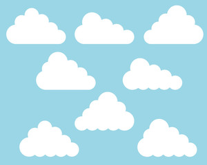 Flat design set of different white clouds on blue sky