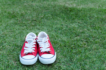Red shoes placed on the grass.