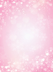 Gradient pink background with snow, snowflake and hearts border