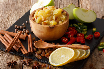 Spicy Indian sauce - apple chutney with lemon close-up in a bowl. horizontal