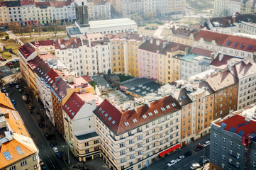 Prague characteristic buildings in city center aerial view, Czech Republic