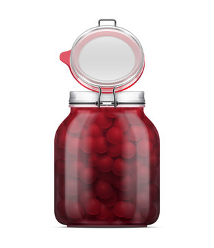 Vector open labeled Swing Top Bale Glass Jar filled with cherry in syrup.