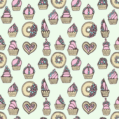 Vector seamless pattern with hand drawn delicious cupcakes and donuts.