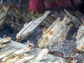 grilled fish and salt and ingredient herb cooking by roll machine