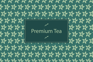Tea package with leaf pattern on green background.  Premium tea with an inscription. Vector illustration design.