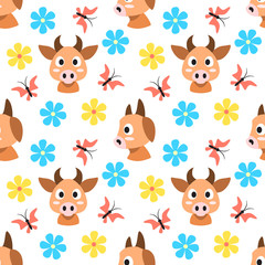Cows and flowers and butterflies seamless pattern