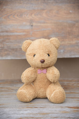 Teddy Bear on Wood, Background, Old Brick Wall