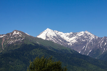 Fototapeta premium snow-capped mountain peaks against the blue sky