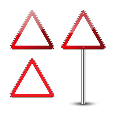 Triangle warning signs blank. Danger red triangular road signs isolated on white background. Guidepost metal pole. Roadsigns blank. Glossy icons. Street triangle signs. Vector illustration