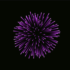 Beautiful pink firework. Bright firework isolated on black background. Light purple decoration firework for Christmas, New Year celebration, holiday, festival, birthday card Vector illustration