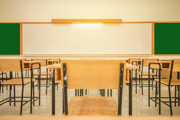 Lecture room or School empty classroom with desks and chair iron wood for studying lessons in high school thailand, interior of secondary education, with whiteboard, vintage tone educational concept
