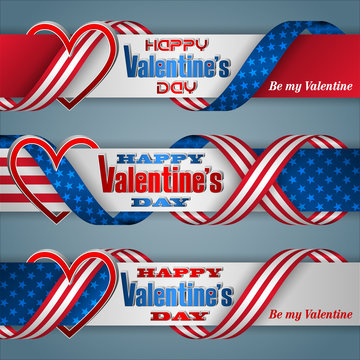 Set of web banners, background with 3d texts and heart shape on national flag colors for Valentine's Day celebration in America; Vector illustration