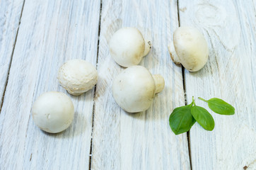 A pile of champignons on a white wooden table.