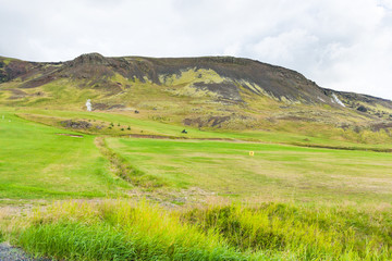 Obraz premium view of green valley in Hveragerdi, Iceland