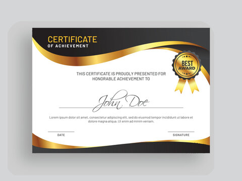 Certificate of achievement template with grey and golden design and badge.