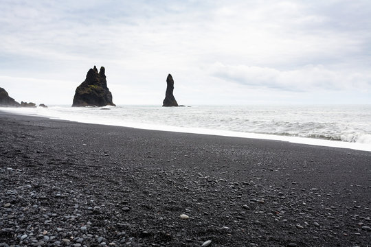 view of Reynisdrangar basalt rocks in Iceland