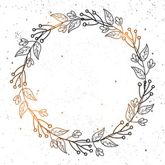 Obraz na płótnie Canvas Shiny doodle flowers decorated on a circular frame on grey background.