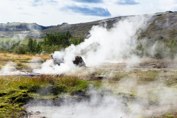 many geysers in Haukadalur valley in Iceland