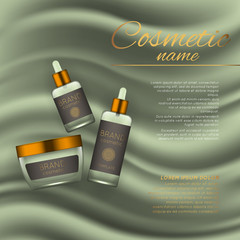 Vector 3D cosmetic illustration on a soft silk background. Beauty realistic cosmetic product design template.