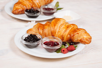 Close up of fresh croissant lying on the plate