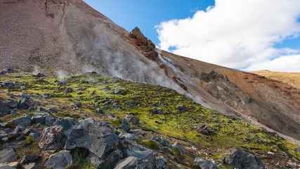 hot sptings on slope in Landmannalaugar in Iceland