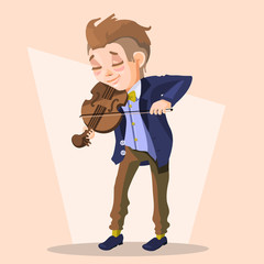 Child boy musician, with violin. Cartoon child character with violin with funny and cute face and modern outfit (clothes)