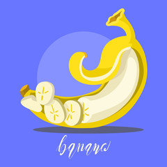 Naklejka na ściany i meble Sliced and peeled banana, cartoon, flat, simple illustration