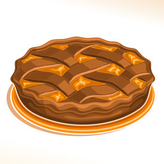 Vector illustration of Chocolate Pie, homemade fresh confectionery with fruit filling on dish isolated on white background, traditional peach pie dessert with lattice of choco dough for family holiday