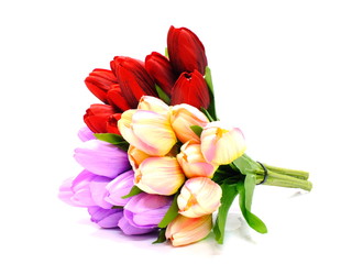 colorful of artificial tulip flowers bouquet on white background