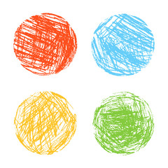 Crayon round colorful vector shapes set. Like kid`s drawn art strokes abstract round design elements. Like child`s drawn pencil or wax pastel chalk circle background. Funny hand drawing sphere banner