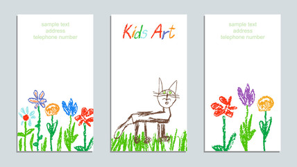 Fototapeta premium Wax crayon like child`s hand drawing art colorful flowers, grass, field and cat. Pastel chalk or pencil like kid`s hand drawn funny kitten, spring and summer card set. Vector art background banner