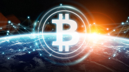 Bitcoins exchanges on planet Earth 3D rendering