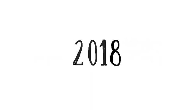 Animation with number of year 2018 and text happy new year, handwritten calligra