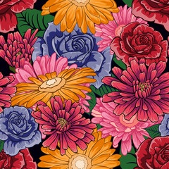 Seamless pattern with a lot of flowers on black background