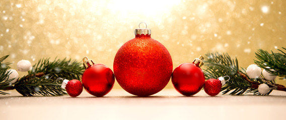 Christmas background with christmas balls, gifts and decoration