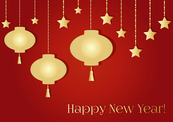 A New year background with golden Chinese lantern, tassel, lights and a garland. Happy new year text. Vector illustration of happy new year 2018 on red in gold colors. Design for flayer, brochure.