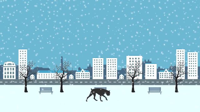 Winter cityscape, animation with dog and snow