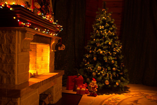 Beautiful house decorated for Christmas interior with fireplace