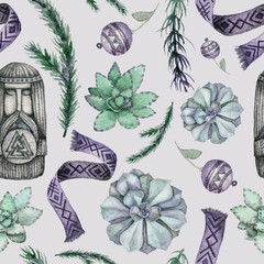 Hand drawn seamless pattern with succulents, pine branches, ornamental braid and a wooden idol