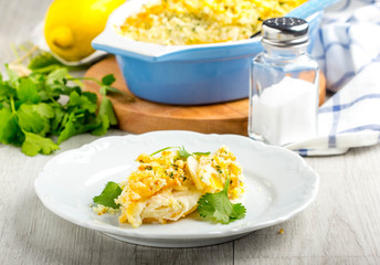 Casserole with crispy crumble, potato gratin, baked meat butter cheese dish, tasty homemade dinner