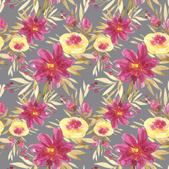 Seamless summer pattern with watercolor flowers handmade.