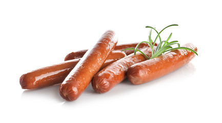 Delicious grilled sausages on white background