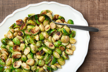 Roasted brussel sprouts on plate, close up