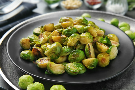 Roasted brussel sprouts on plate, close up