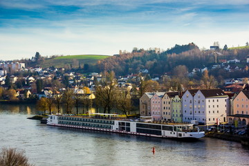 View of Passau with Danube river, embankment and cathedral, Bavaria, Germany