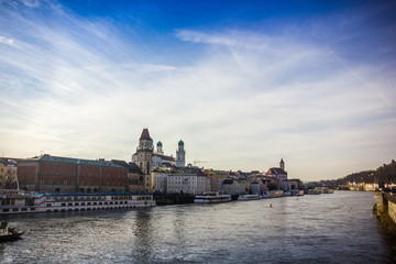 View of Passau with Danube river, embankment and cathedral, Bavaria, Germany