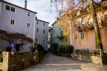 View of Passau with Danube river, embankment and cathedral, Bavaria, Germany