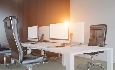 Modern office Cabinet. Meeting room. 3D rendering. Sunset