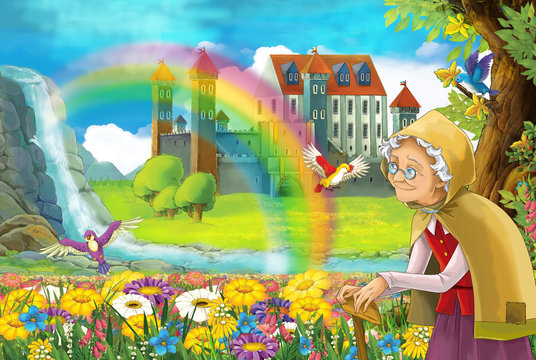 cartoon fairy tale scene with older woman in the field full of flowers near small waterfall colorful rainbow and big castle illustration for children